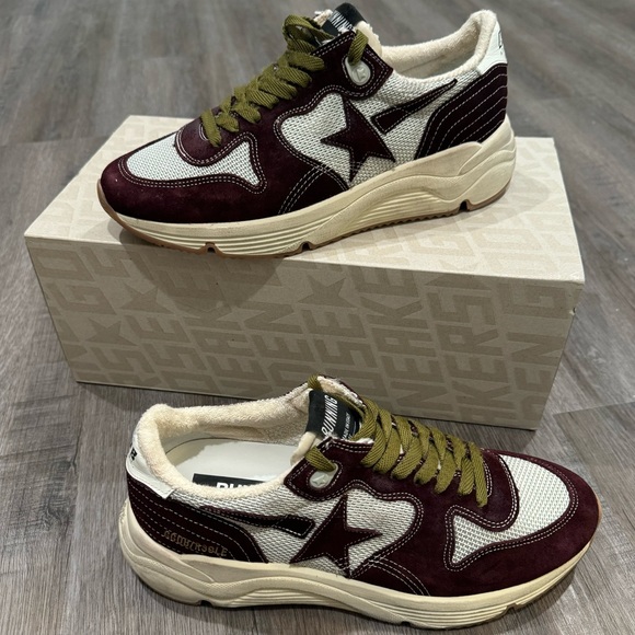 Golden Goose Running Sole Net Upper Shiny Suede Star Red Wine Silver Sneakers - Picture 2 of 14